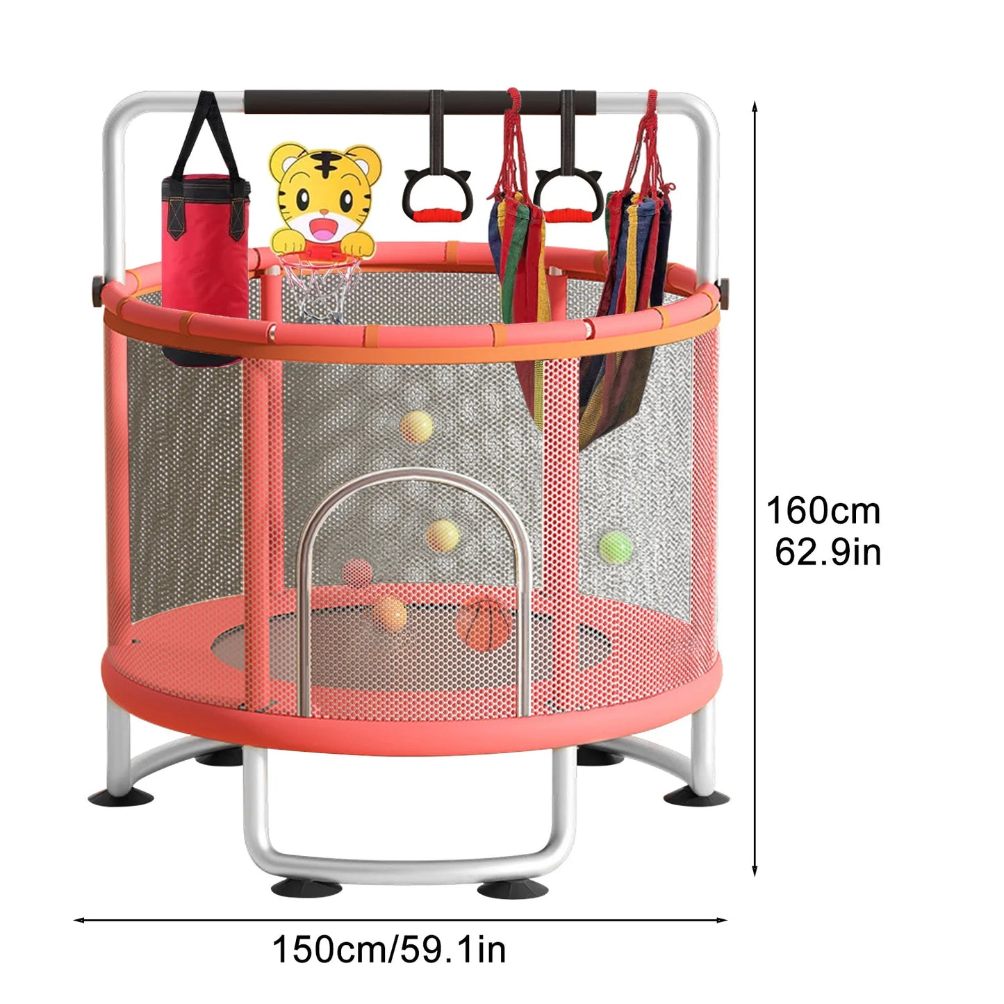 Kids Trampoline With Enclosure Net Safety Pads And Basketball Hoop