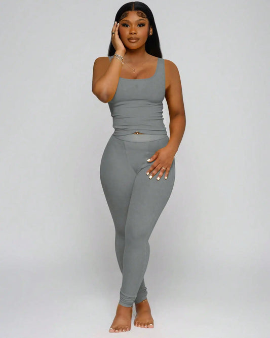 Women Ribbed Crop Tank Top And High Waist Yoga Leggings Set