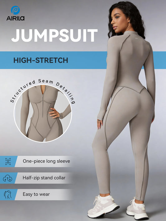 Women Zip Front Long Sleeve Yoga And Pilates Jumpsuit