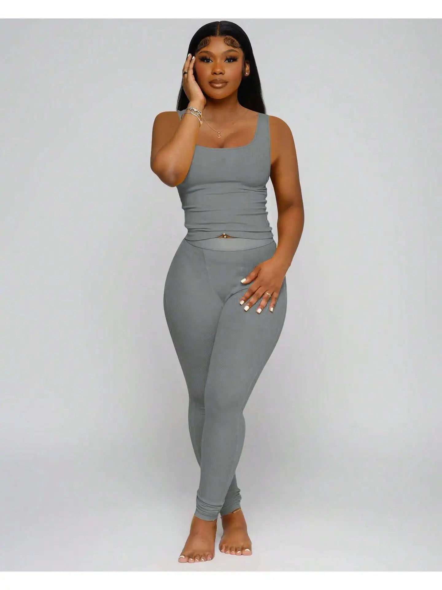 Women Ribbed Crop Tank Top And High Waist Yoga Leggings Set