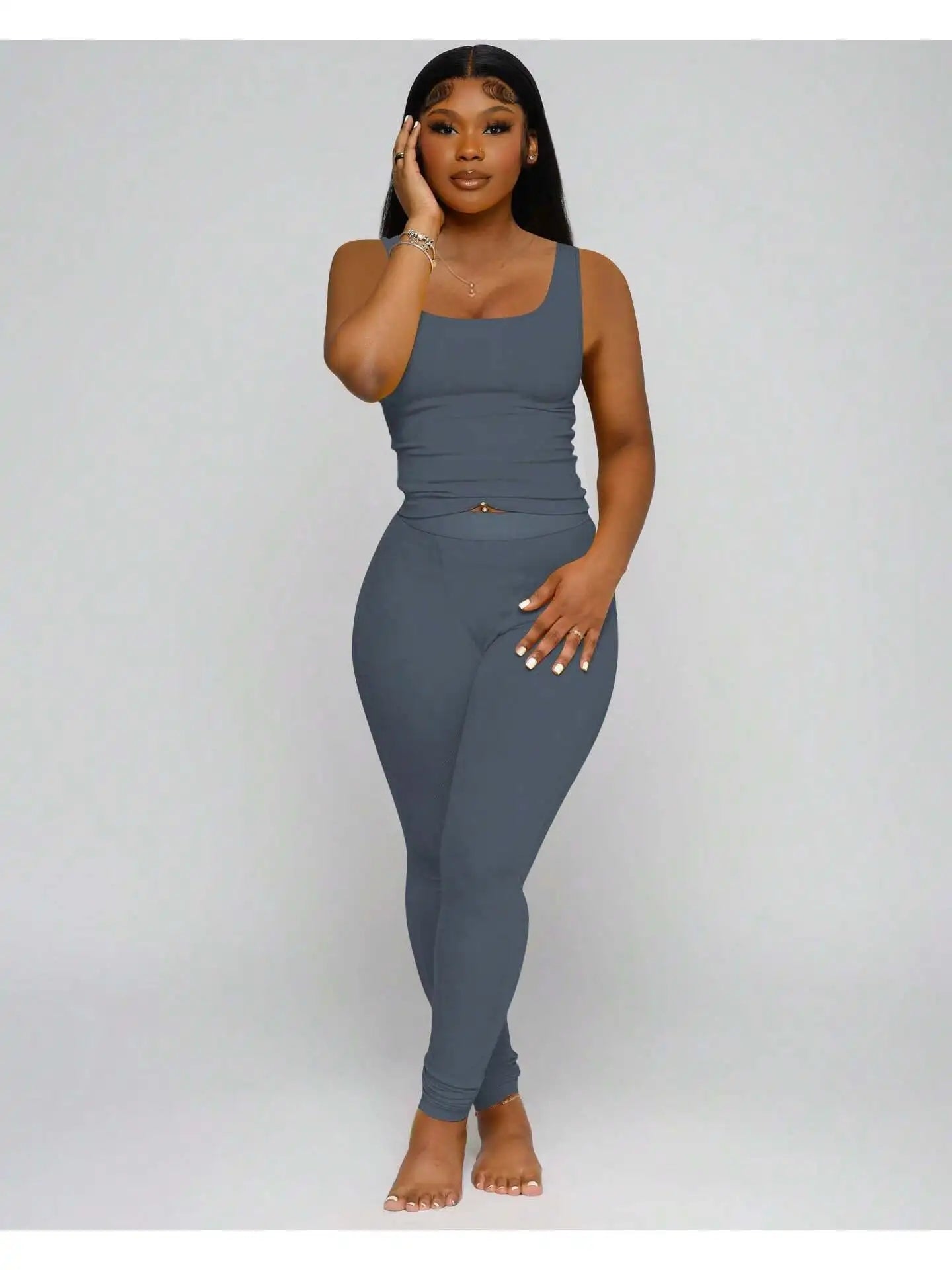 Women Ribbed Crop Tank Top And High Waist Yoga Leggings Set