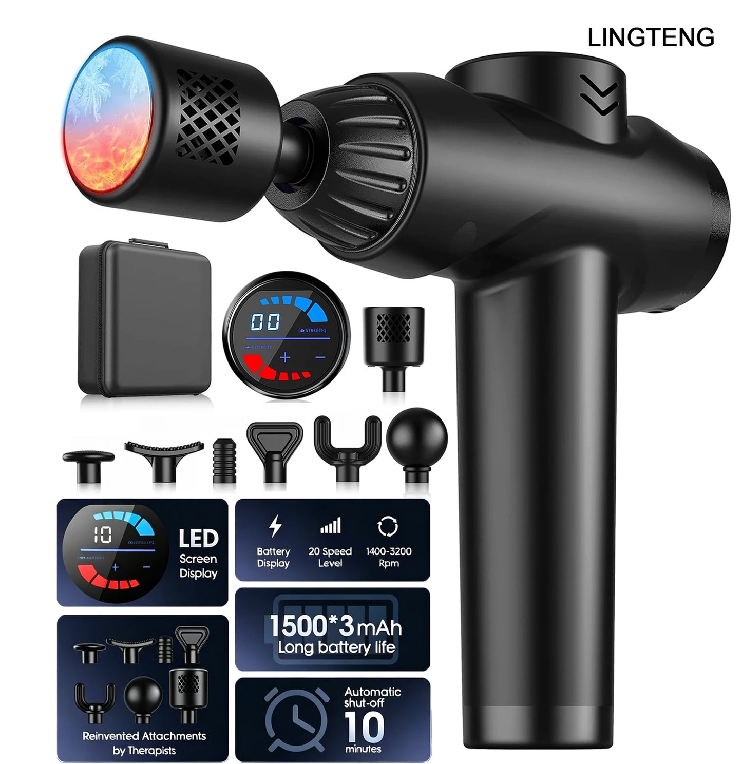 LINGTENG Massage Gun With Hot And Cold Functions, 7 Heads, Deep Tissue Massager - Alice's Wellness Hub
