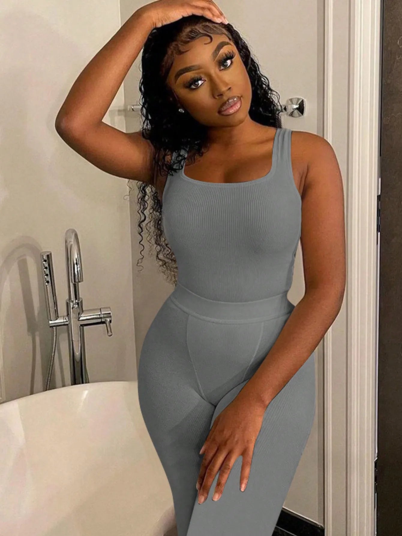Women Ribbed Crop Tank Top And High Waist Yoga Leggings Set