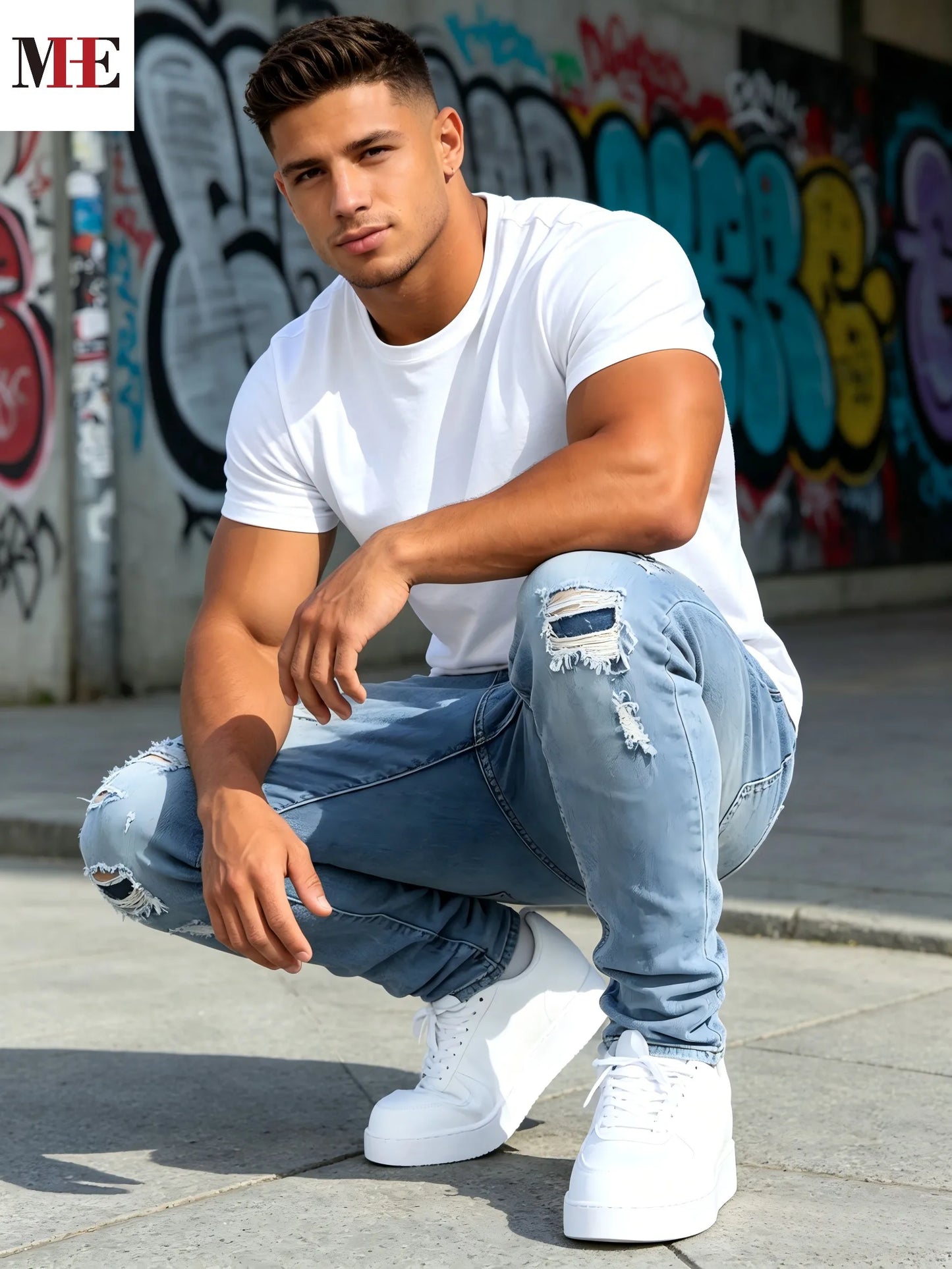 HME Men's Stretch Denim Jeans Slim Ripped Skinny Fit - Alice's Wellness Hub