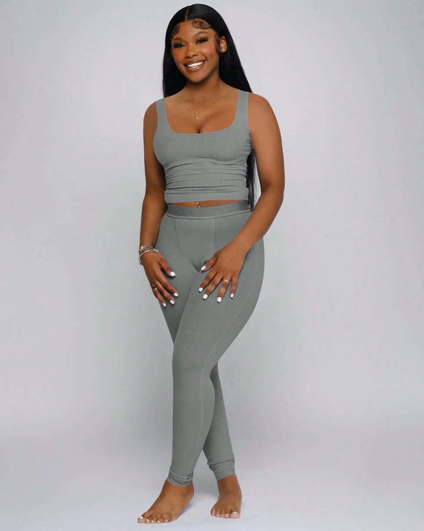 Women Ribbed Crop Tank Top And High Waist Yoga Leggings Set