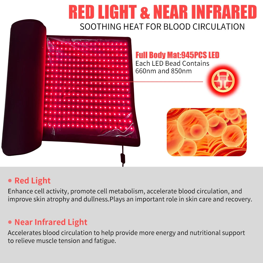 Red Light Mat Full Body 63" x 23.6" 945pcs LEDs 660nm and 850nm Red Light Blanket Whole Body LED Light Relax Pad
