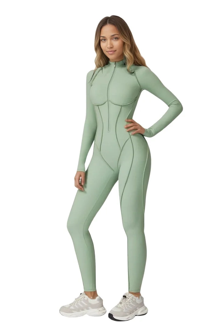Women Zip Front Long Sleeve Yoga And Pilates Jumpsuit