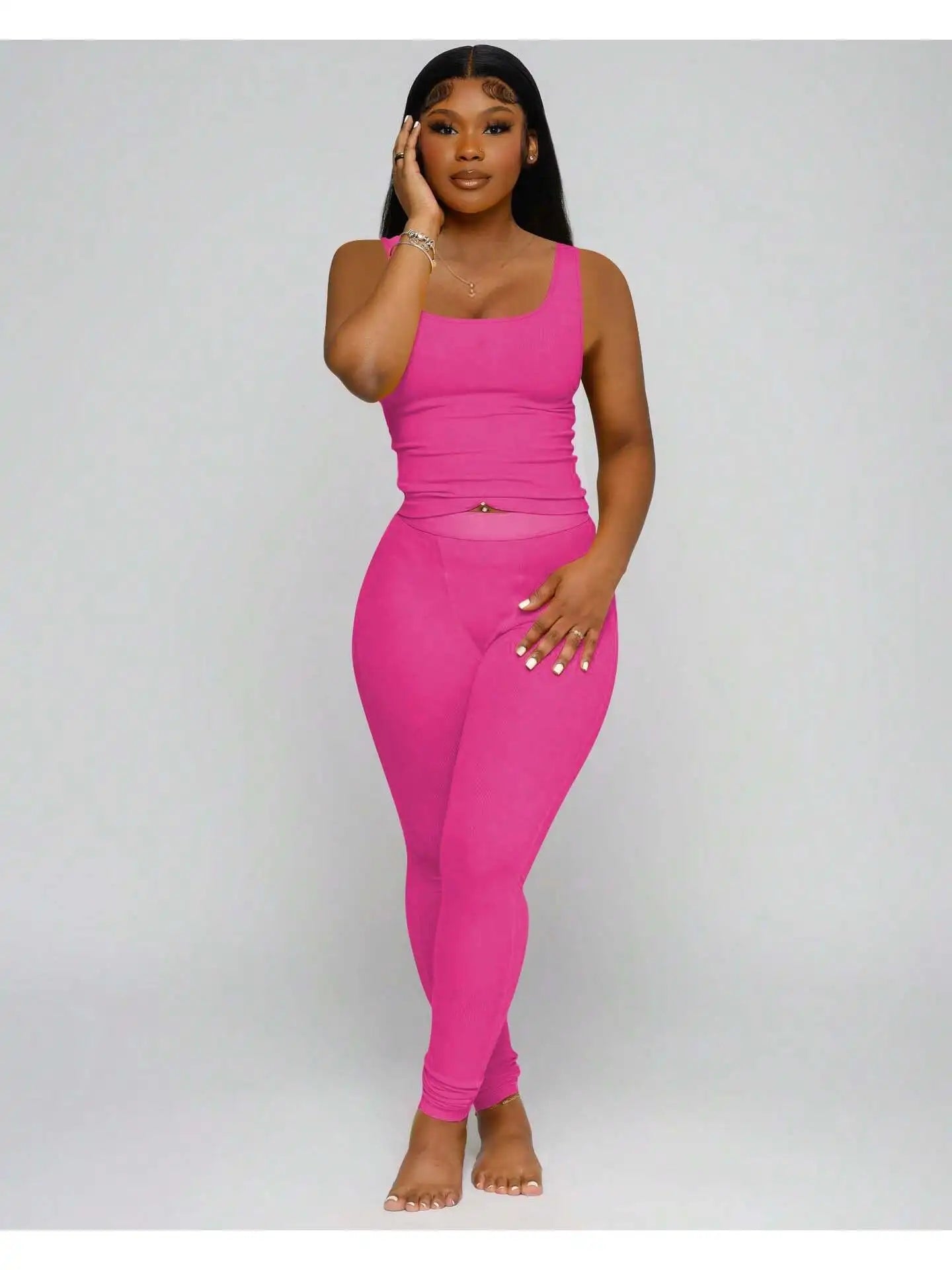 Women Ribbed Crop Tank Top And High Waist Yoga Leggings Set