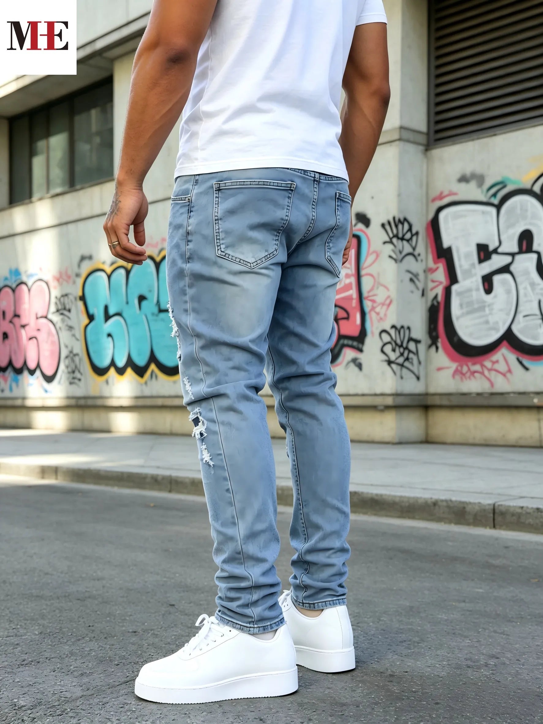 HME Men's Stretch Denim Jeans Slim Ripped Skinny Fit - Alice's Wellness Hub