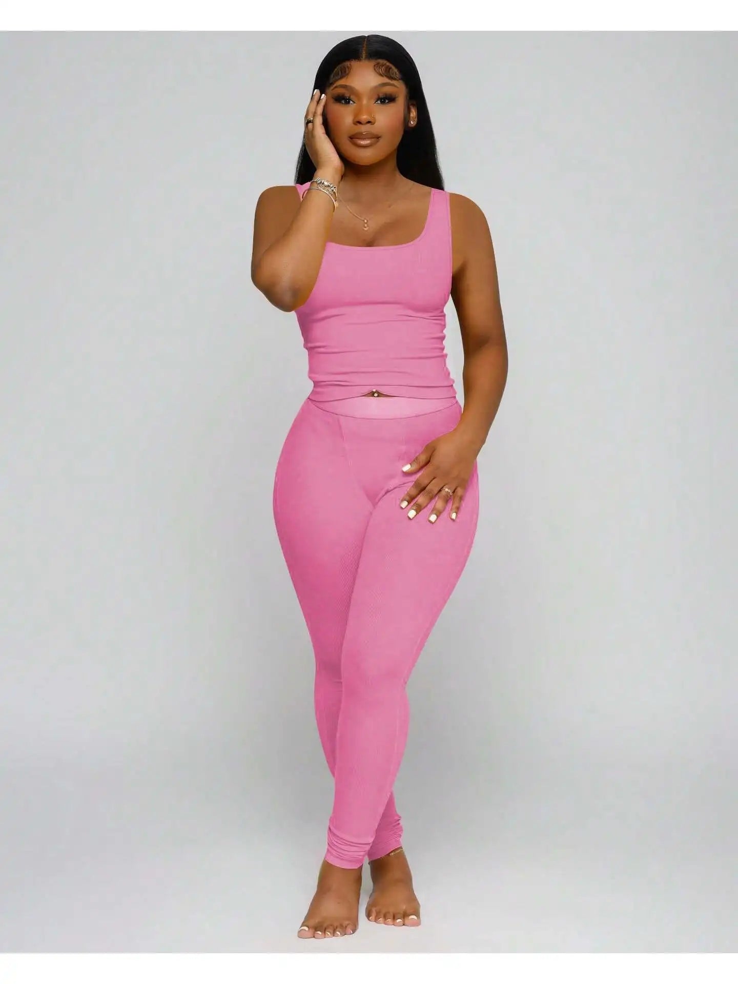 Women Ribbed Crop Tank Top And High Waist Yoga Leggings Set