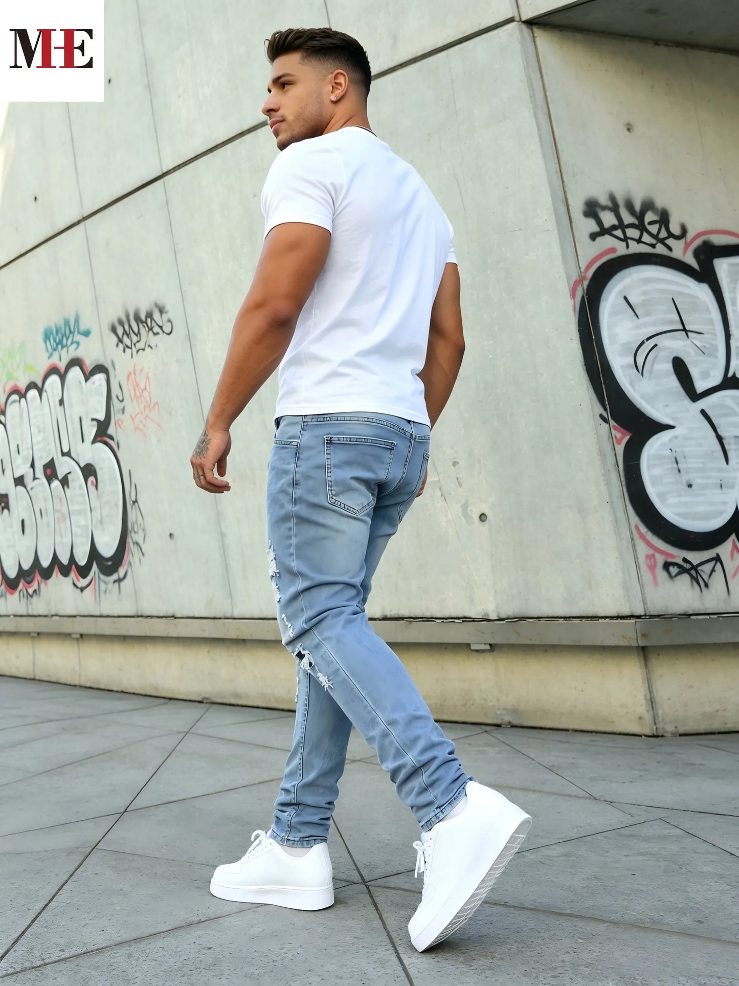 HME Men's Stretch Denim Jeans Slim Ripped Skinny Fit - Alice's Wellness Hub