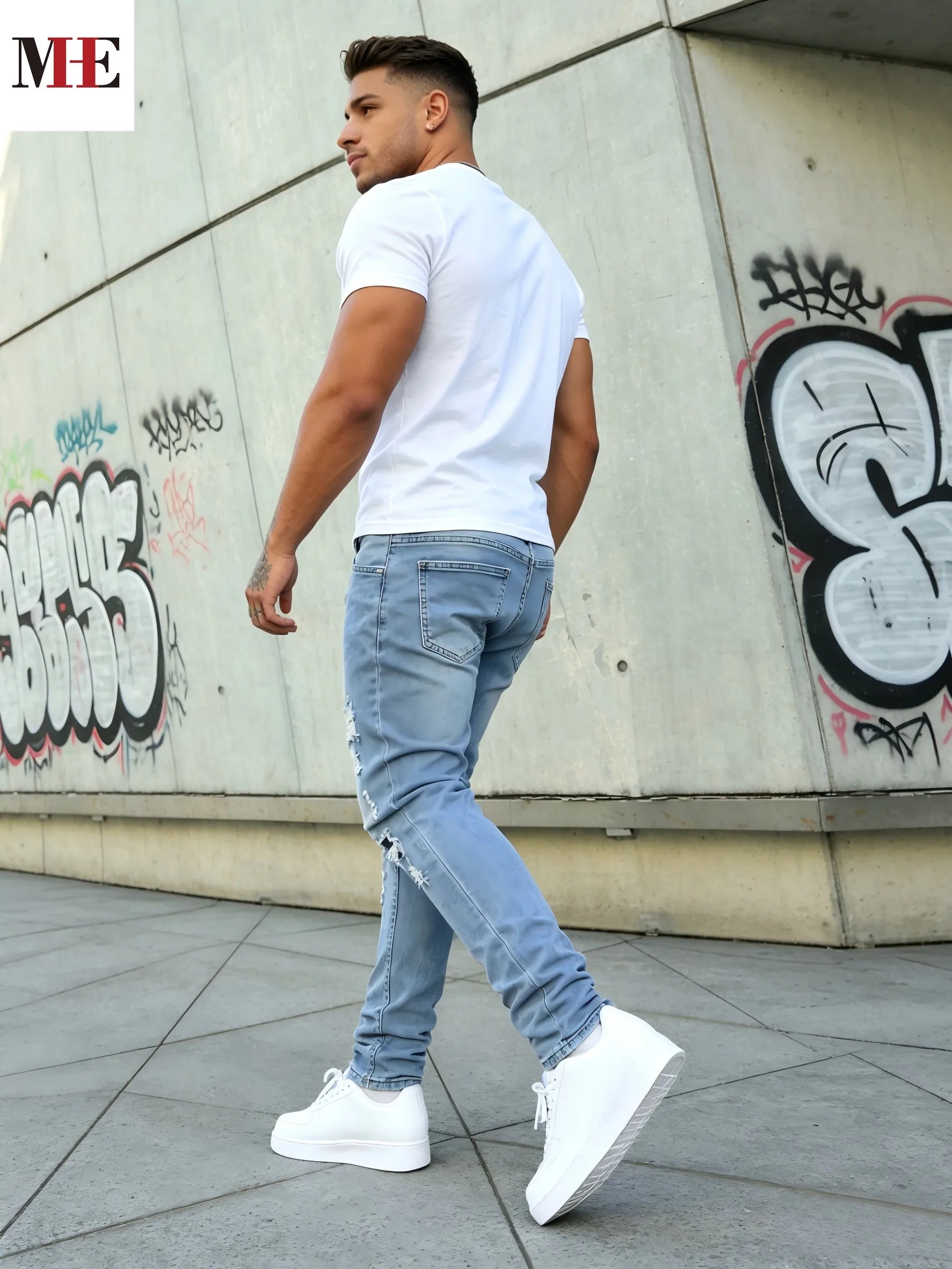 HME Men's Stretch Denim Jeans Slim Ripped Skinny Fit - Alice's Wellness Hub