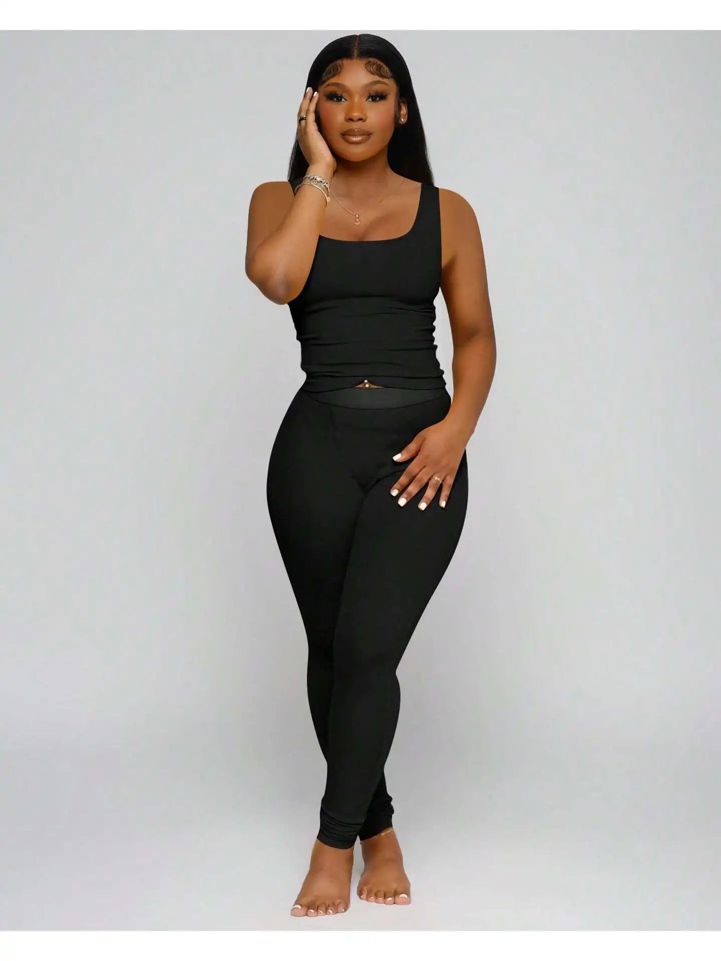 Women Ribbed Crop Tank Top And High Waist Yoga Leggings Set